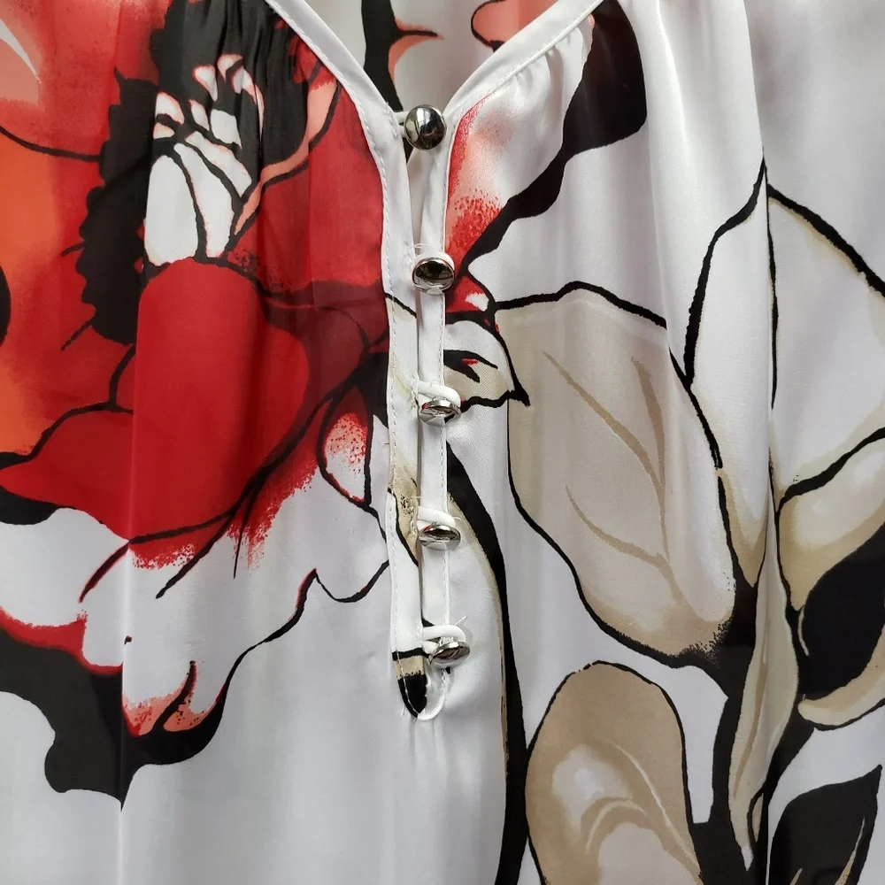 White House Black Market Floral Blouse - Red, Black, White - Picture 3 of 7
